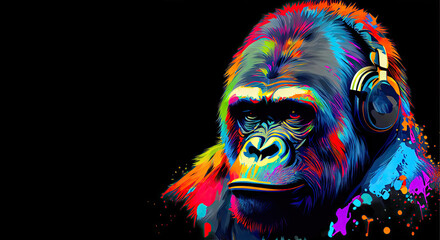 Gorilla Listening To Music With Headphones  - Generative AI