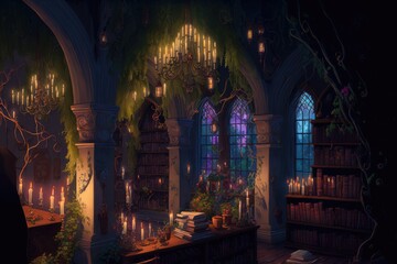 Interior of an enchanted library with candles