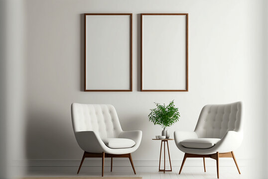 Blank picture frame mockup on white wall. Modern living room design. Two vertical templates for artwork and painting. Generative AI.