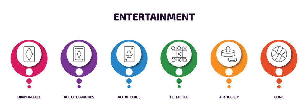 entertainment infographic element with outline icons and 6 step or option. entertainment icons such as diamond ace, ace of diamonds, ace of clubs, tic tac toe, air hockey, dunk vector.