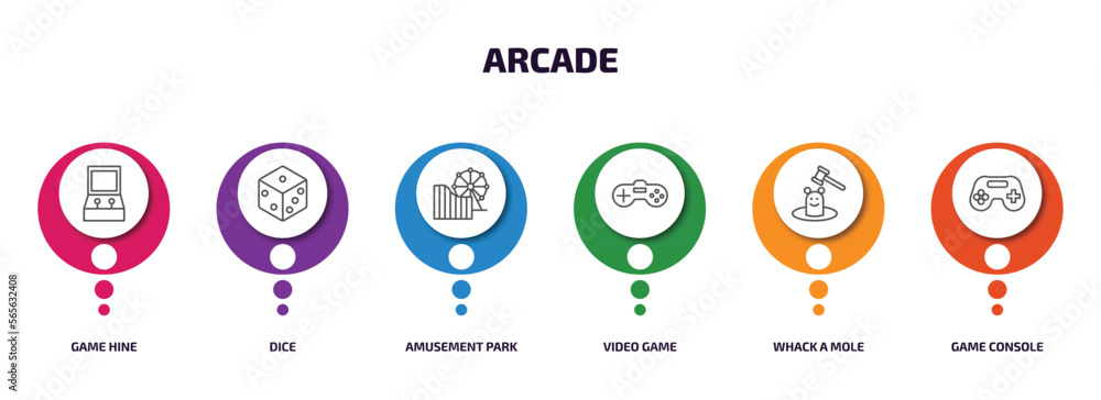 Poster arcade infographic element with outline icons and 6 step or option. arcade icons such as game hine, 