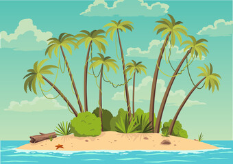Robinson crusoe island. Desert island in ocean and palm coconut trees. Tropical paradise landscape, sandy beach flat cartoon illustration