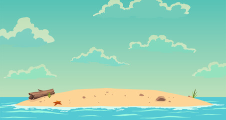 Robinson crusoe island. Desert island in ocean. Sunny day. Tropical paradise landscape, sandy beach flat cartoon illustration