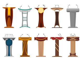 Tribune collection. Stand or debate podiums with microphone for speech. Rostrums for business presentation or conference speech tribunes. Empty platforms for speakers