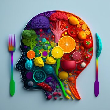 Illustration of a brain made from vegetables and fruit.  ai