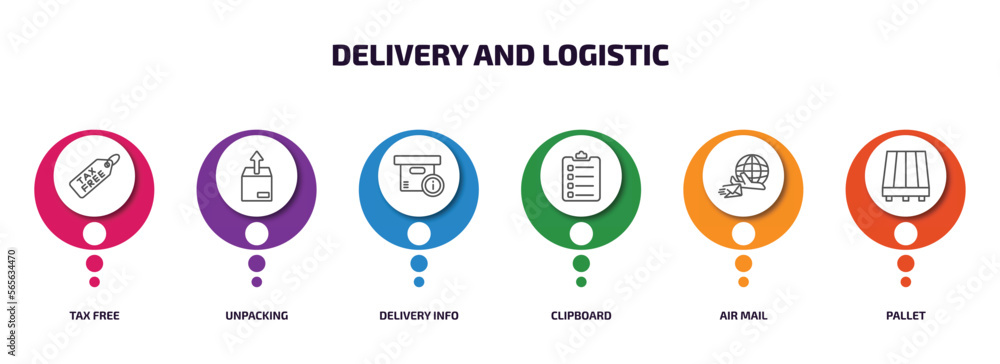 Poster delivery and logistic infographic element with outline icons and 6 step or option. delivery and logi