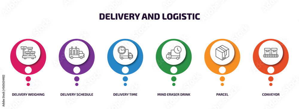 Poster delivery and logistic infographic element with outline icons and 6 step or option. delivery and logi