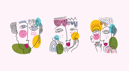 Abstract line face portrait set vector illustration. Contemporary drawing in modern style.