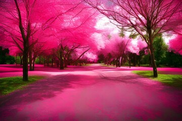 Pink trees from near infared style by IR mode. Paradise concept - generative ai