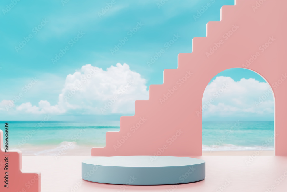 Poster 3d podium with copy space for product display presentation on beach with blue sky and white clouds a