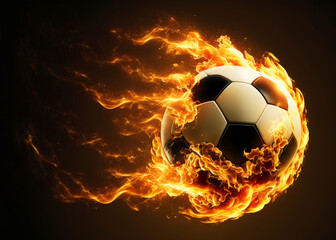 Glowing football ball burning on fire in orange flames with a tail of fire on one side visual representation of the speed of the ball, generative ai