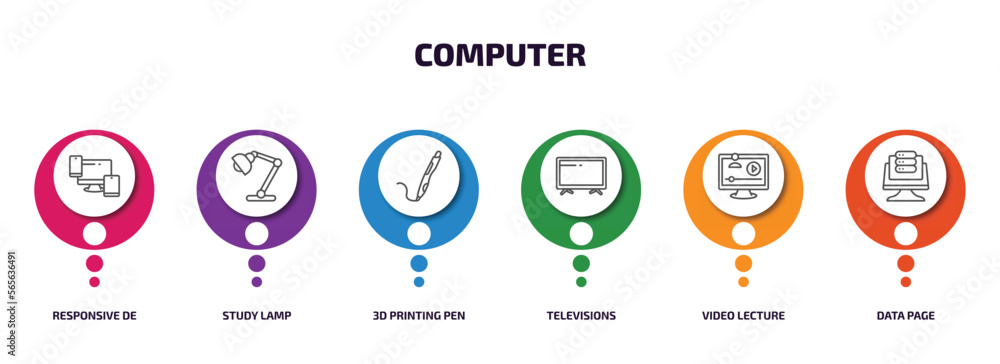 Poster computer infographic element with outline icons and 6 step or option. computer icons such as respons