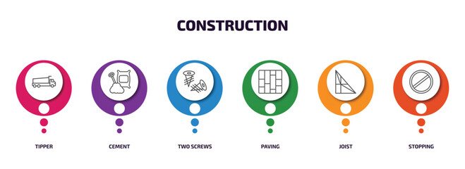 construction infographic element with outline icons and 6 step or option. construction icons such as tipper, cement, two screws, paving, joist, stopping vector.