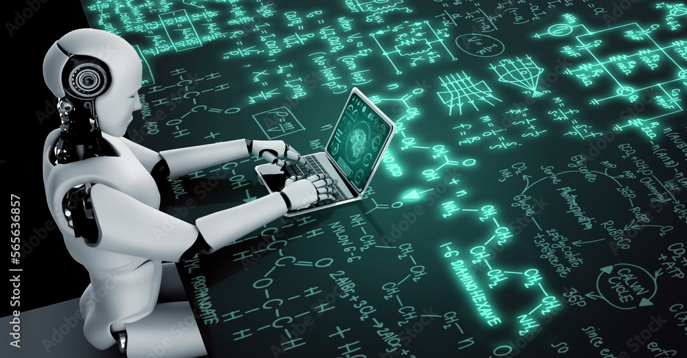 Aufkleber robot hominoid use laptop and sit at table for engineering science studying using ai thinking brain 