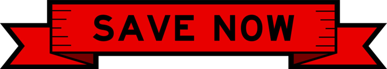 Ribbon label banner with word save now in red color on white background