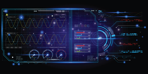 Virtual reality of electricity sine wave Analytic by Artificial Intelligence. Futuristic HUD Hologram display design. Sci-Fi Frame HUD, GUI,UI. Futuristic display with data, High technology screen
