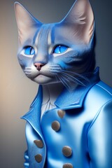 Obraz premium portrait of a cute blue cat in a jacket , highly detailed , striking features , studio lihting , fine art photography , warm lighting - generative ai