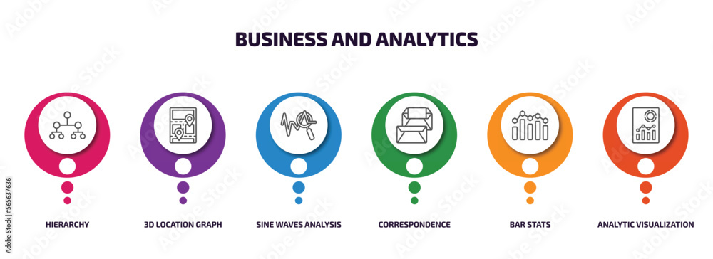 Poster business and analytics infographic element with outline icons and 6 step or option. business and ana