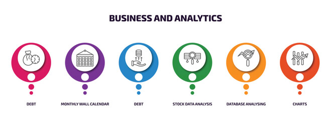 business and analytics infographic element with outline icons and 6 step or option. business and analytics icons such as debt, monthly wall calendar, debt, stock data analysis, database analysing,
