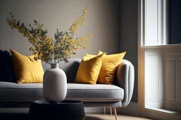 Modern scandinavian style interior with sofa, yellow pillows and trendy vase. Generative AI