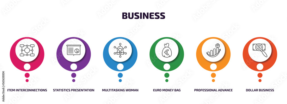 Poster business infographic element with outline icons and 6 step or option. business icons such as item in