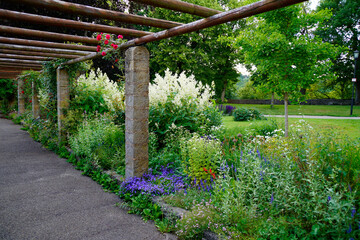 Obraz premium romantic summer garden with lots of greenery and a wooden arcade in the picturesque ancient german town of Rothenburg on the Tauber, Bavaria, Germany 