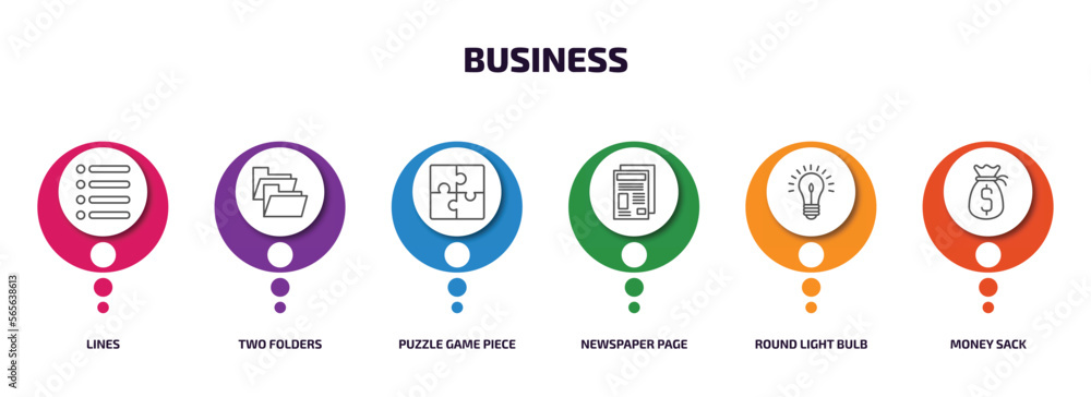 Poster business infographic element with outline icons and 6 step or option. business icons such as lines, 