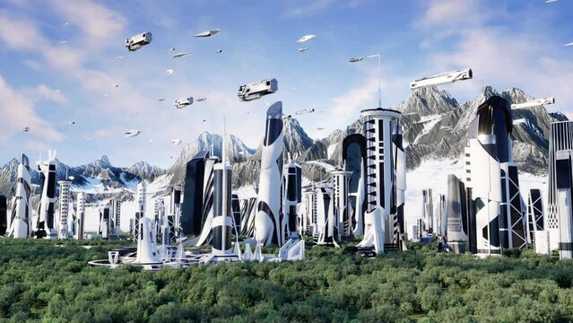 Futuristic City with Flying Spaceships, animated Camera Close-up, forest and mountain exoplanet landscape