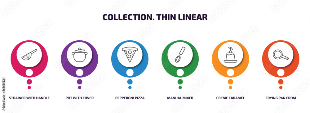 Poster collection. thin linear infographic element with outline icons and 6 step or option. collection. thi