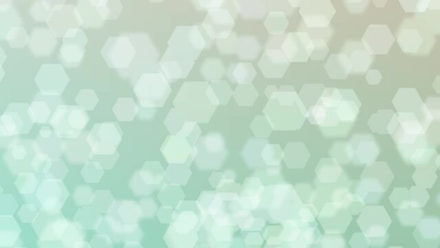 Motion graphics. yellowish green to opal abstract defocused background, hexagon shape bokeh pattern