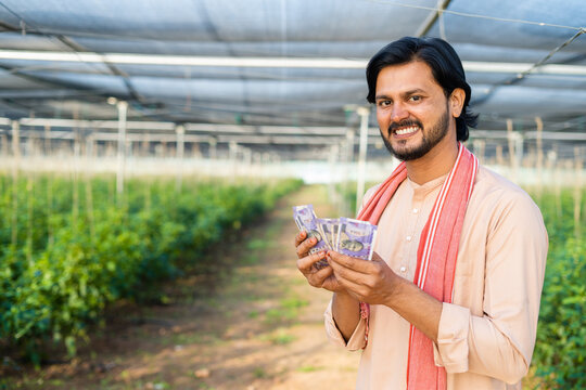 Happy smiling young farmer at greenhouse looking at camera while couting money or currency notes - concept of successful business, agronomy and financial or banking