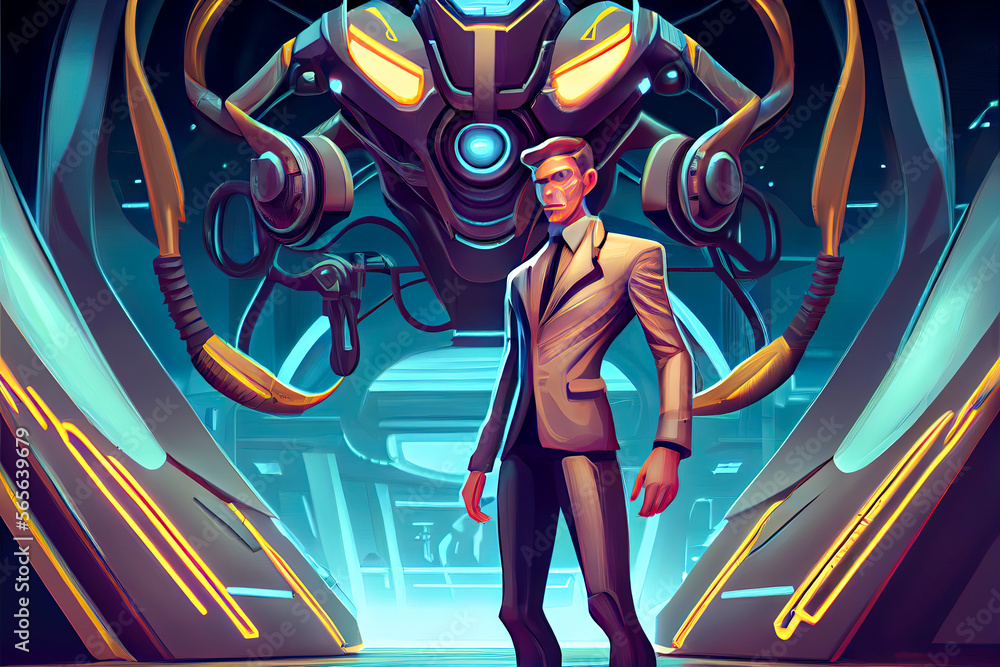 Poster cartoon character with robots in the background. generative ai