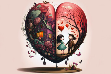 Fantasy illustration. Pair of lovers and little house with flowers in a big red heart. Valentines day. Generative AI.