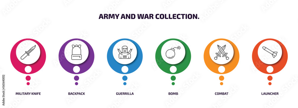 Poster army and war collection. infographic element with outline icons and 6 step or option. army and war c