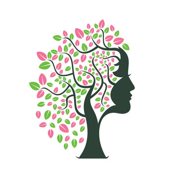 Woman Tree png Template Design. Woman Face Leaf Vector Design.	