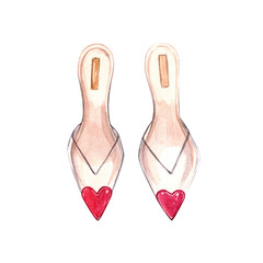 Valentine's Day. February 14. Watercolor hand-painted fashion illustration of shoes. Graphic element for design. Isolate on white.