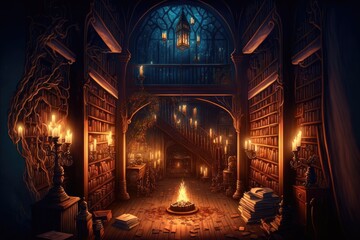 Old library interior with candles, fireplace and mystic books