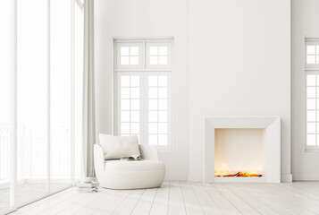 Minimal style white living room Furnished with a modern fireplace with flames and fabric lounge chair 3d render The room has a parquet floor and white door overlooking terrace and bright background