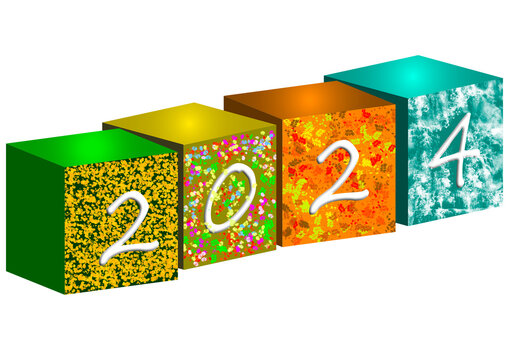 Quatre cubes sur lesquels est écrit l'année 2024 les faces sont décorées aux quatre saisons