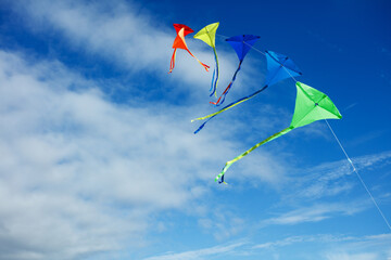 Many beautiful colorful kites fly on the string over blue sky