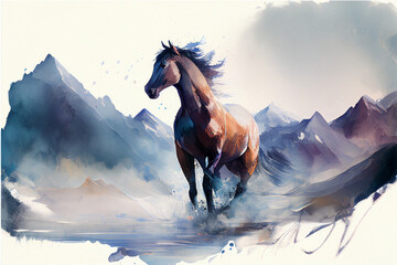The horse is galloping in the mountains. Illustration with Watercolor style. Created with Generative AI technology. - 565641870