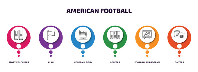 american football infographic element with outline icons and 6 step or option. american football icons such as sportive lockers, flag, football field, lockers, tv program, gaiters vector.