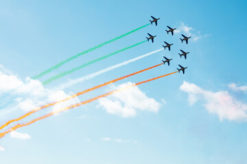 Planes group fly with color trail of Ireland, Italy or Hungary