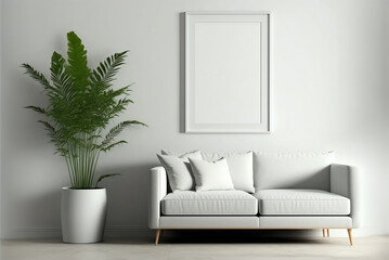 Blank picture frame mockup on white wall. Modern living room design. Vertical template for artwork and painting. Generative AI.