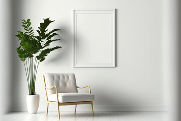 Blank picture frame mockup on white wall. Modern living room design. Vertical template for artwork and painting. Generative AI.