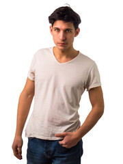 Handsome and fit young man standing on white background