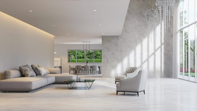 Animation of modern style luxury white living room with garden view 3d render There are gray marble tile wall and floor decorate with glass chandelier overlooking nature view background