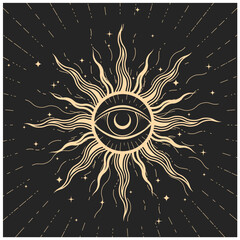 Occult, witchcraft and magic, all seeing eye inside sun with wavy rays, witchcraft and astrology sacred emblem, occultism seal, tarot magic sign, vector