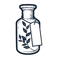 Flask with flower elixir, vial with twig and tag, old potion bottle, drug, vector