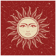 Sun with woman face, astrology, divination and magic, the device of the universe, esoteric horoscope sun, vector